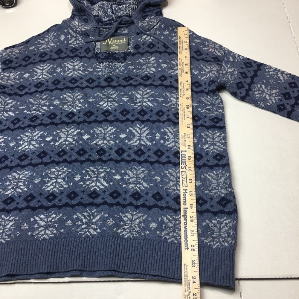 Fair Isle Nordic Hooded Sweater 100% Cotton Blue Cottagecore Cabin Core Pullover - Picture 5 of 8